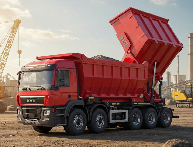 Tolva de aluminio descargando cemento pulverizado en un predio